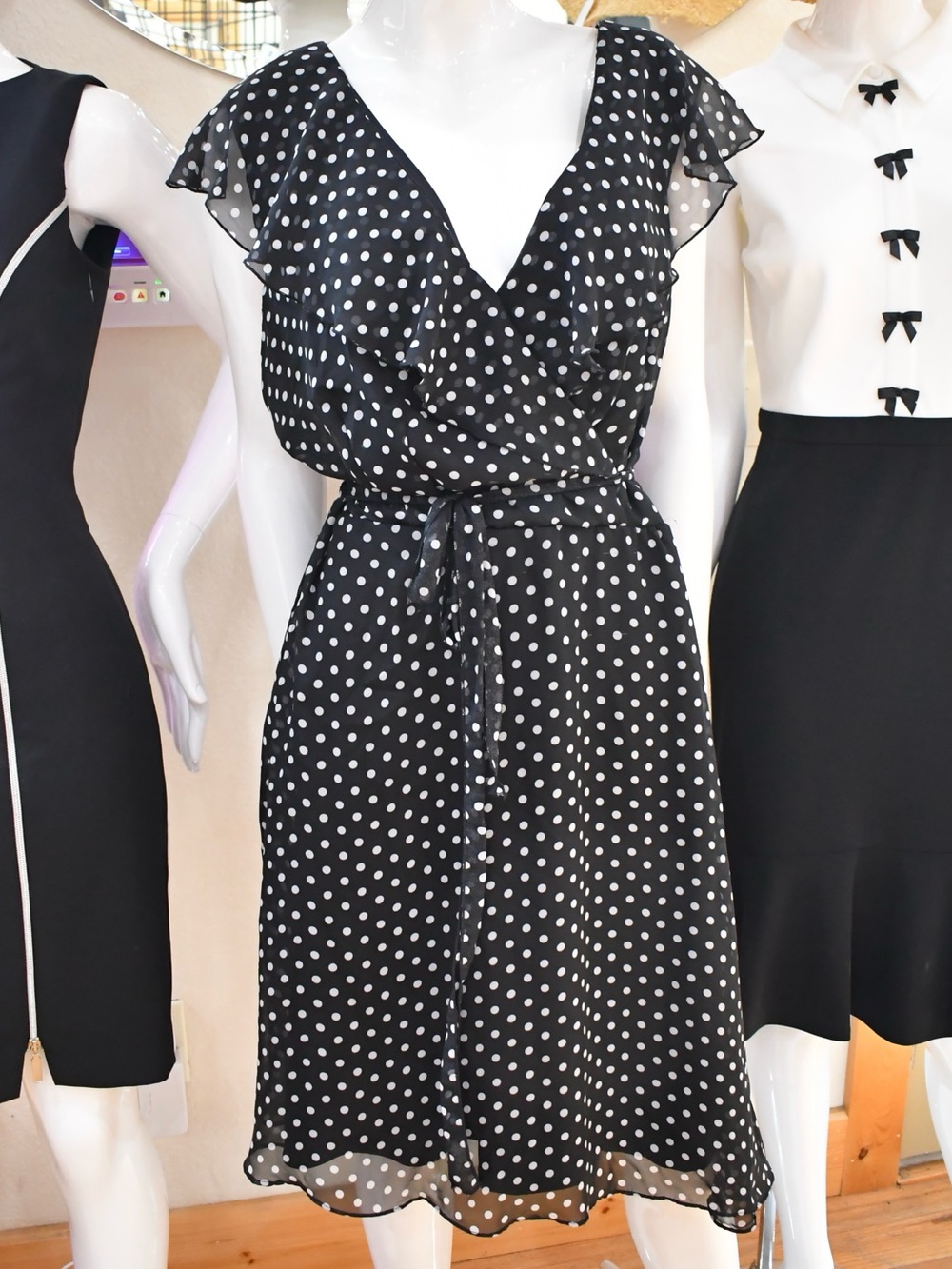 Olivia Matthews Black & White Polka Dot Midi Wrap Dress 12